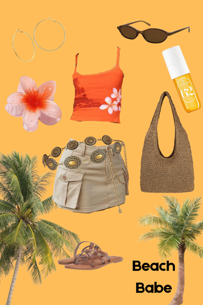 Beach Babe aesthetic outfit collage featuring a tropical orange tank top, beige cargo mini skirt, gold medallion belt, woven shoulder bag, brown strappy sandals, slim Y2K sunglasses, gold hoop earrings, pink plumeria hair clip, and Sol de Janeiro perfume, styled with a tropical summer background and palm trees