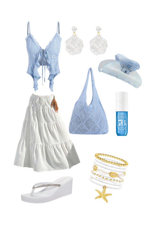 Blue beach outfit collage featuring a lace blue top, white tiered maxi skirt, beachy accessories, and wedge flip-flops for a soft coastal aesthetic.