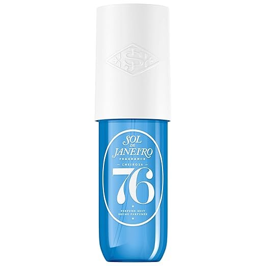 Sol de Janeiro 76 perfume in a blue bottle, offering a clean, oceanic fragrance ideal for summer.
