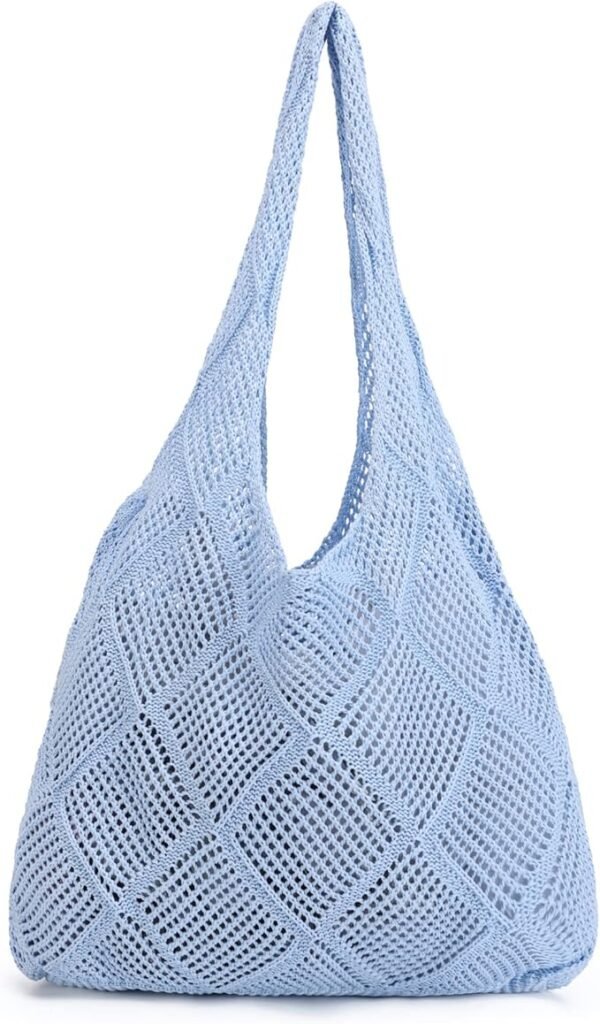 Light blue crochet shoulder bag with netted detailing, casual and perfect for a beach day.