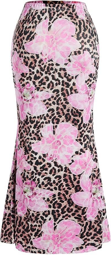 High-waisted midi skirt with pink floral overlay on a leopard print background, flared hem for movement.