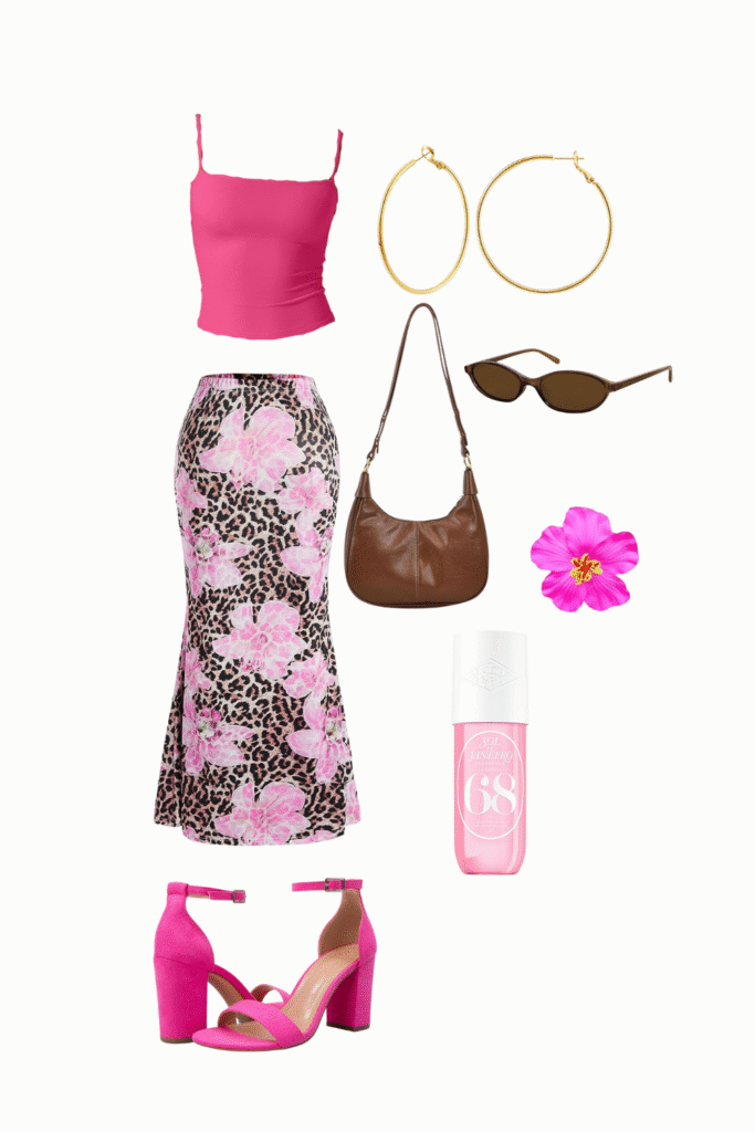 A bright and feminine summer outfit collage featuring a hot pink cami top, floral leopard print skirt, pink heels, and brown accessories.
