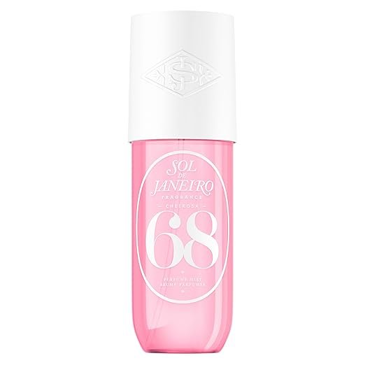 Pink bottle of Sol de Janeiro 68 body mist with floral notes, perfect for a sweet summer scent.