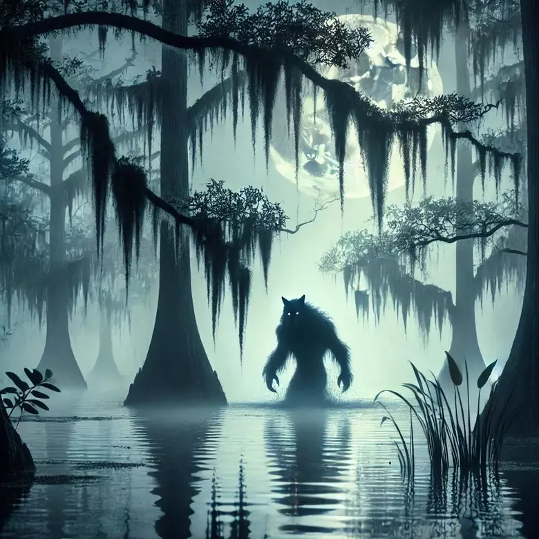 Misty Louisiana bayou with hanging moss and eerie lighting, evoking the haunted swamps where the Rougarou from Louisiana folklore is said to dwell.