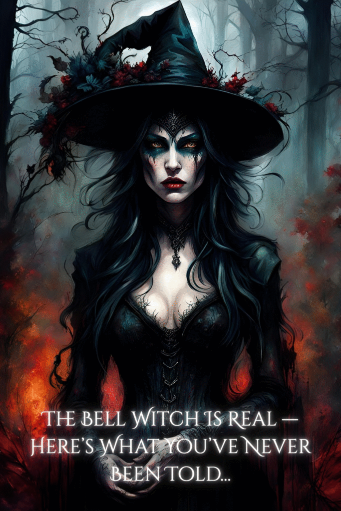 Dark witch with glowing red eyes standing in foggy forest – Bell Witch haunting illustration

