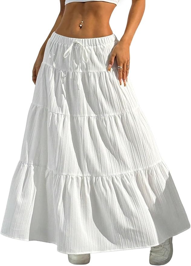 Lightweight white maxi skirt with tiered layers and an elastic waistband for a flowy, breathable fit.
