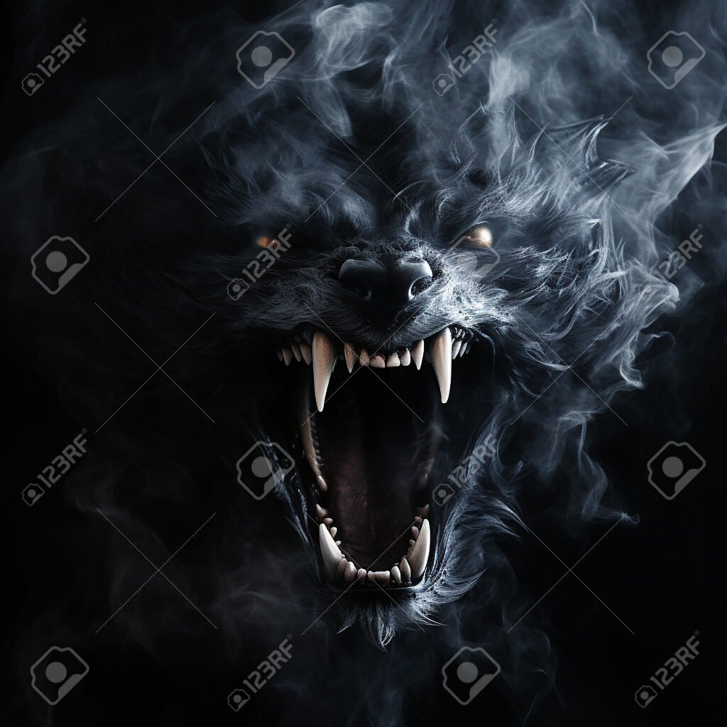 Close-up of a snarling werewolf face with sharp fangs and smoky mist backdrop, evoking a mysterious swamp monster.