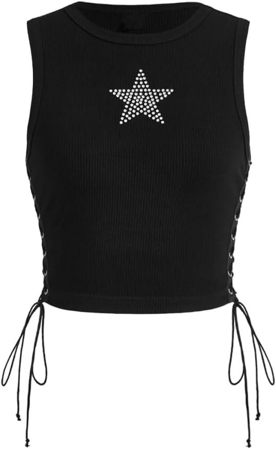 Y2K Amazon crop tank top with star design"
This ribbed crop top is the definition of Y2K aesthetic. Pair it with cargos and a fuzzy bag for that instant influencer look.