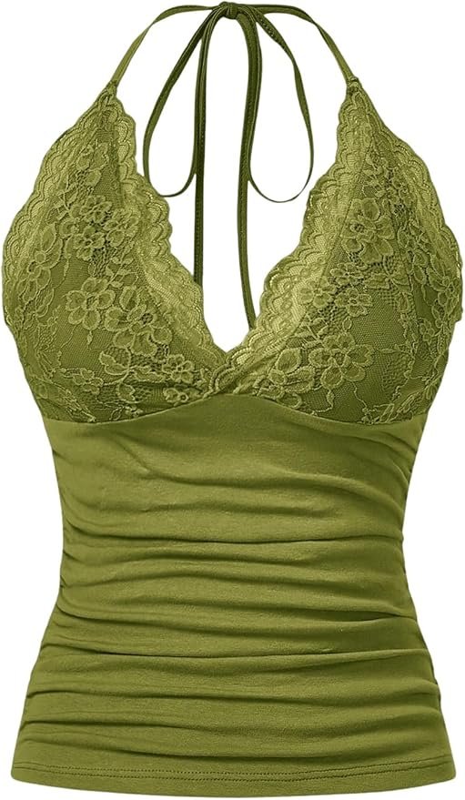 Y2K Amazon halter top with lace and ruching"
It’s giving early 2000s club night. The adjustable back tie and lace trim make it a perfect top for layering over jeans or a mini skirt.