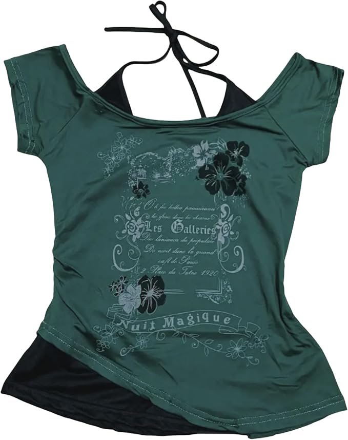 Y2K Amazon outfit – layered fake two-piece graphic tee"
A fan favorite, this faux-layered graphic tee is perfect for recreating that punk princess look. Soft fabric, bold graphics, and a cropped fit make this piece a throwback essential.