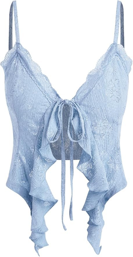 Lace blue tie-front cami top with ruffled hem and spaghetti straps, perfect for a soft, feminine beach look.