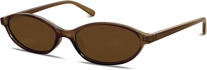 Retro slim-frame brown sunglasses with dark lenses, inspired by Y2K fashion trends.