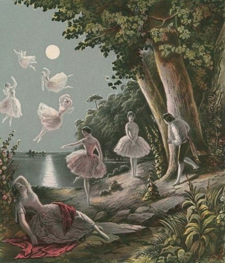Fairies dancing under the full moon – whimsical Irish folklore scene from a Lough Gur fairy tale