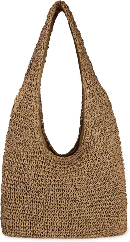 Crochet woven shoulder bag in natural brown, perfect for beach or summer casual outfits.
