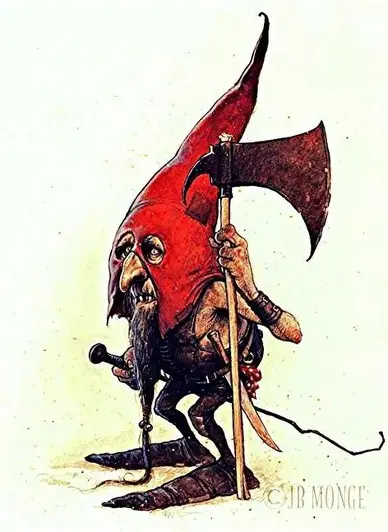 Detailed image of a Redcap spirit with red woolen cap and iron boots, part of Scottish Redcap folklore.