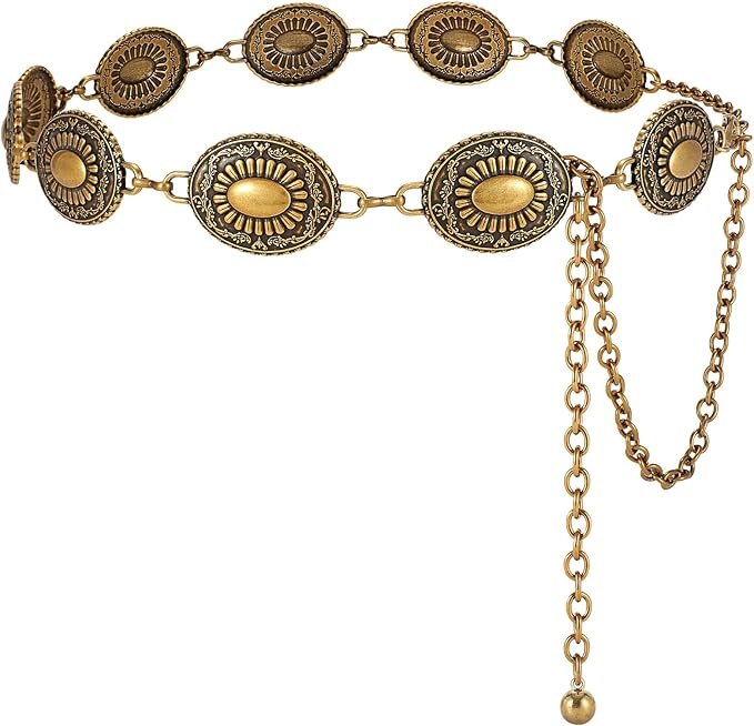 Boho-style gold metal medallion waist chain belt with sunburst design accents.