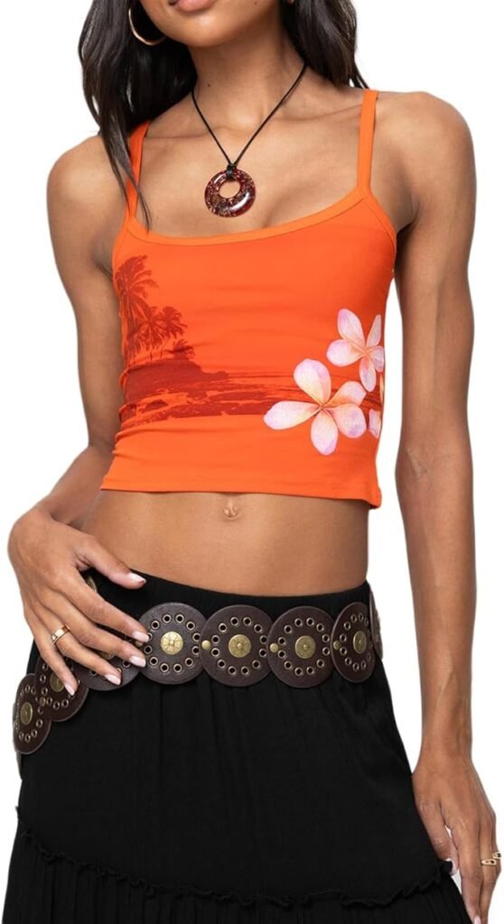 Orange tropical floral tank top with hibiscus print and spaghetti straps, Y2K beachwear style.