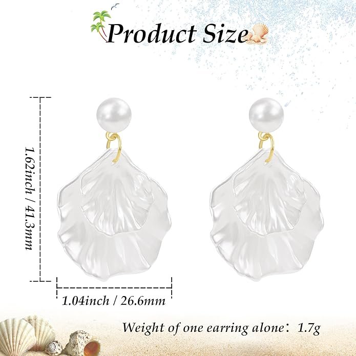 Gold and pearl dangle earrings with translucent shell shapes, adding an elegant coastal touch.