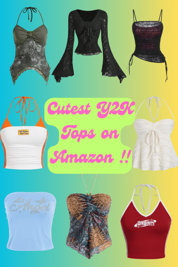 Colorful collage of 9 trendy Y2K tops from Amazon featuring lace, halter, and graphic styles on a pastel gradient background.