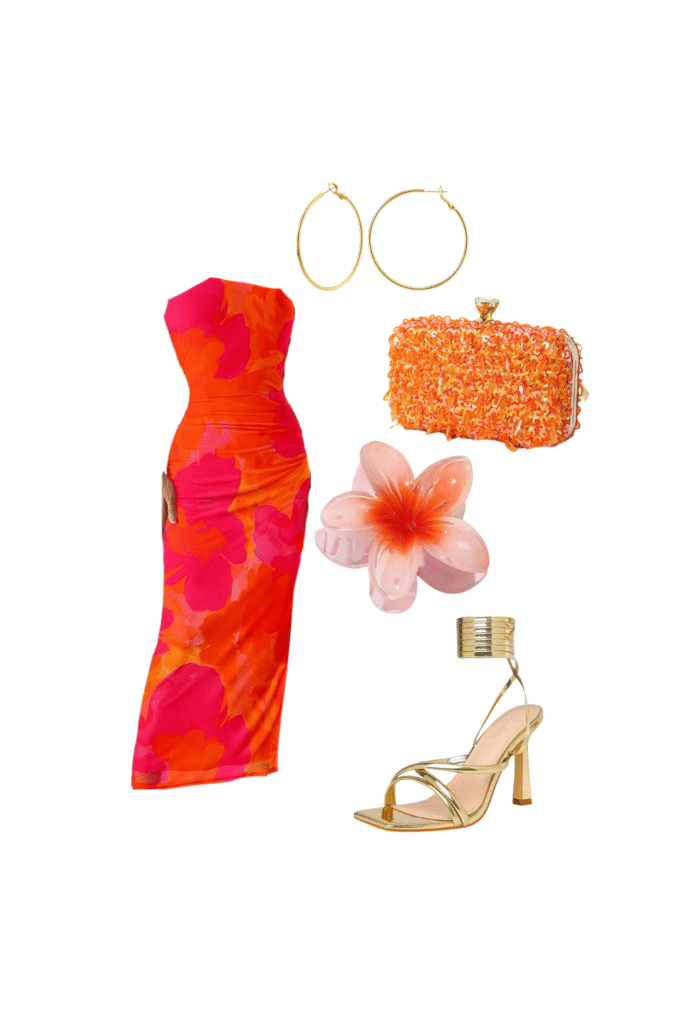 Bright pink and orange strapless floral dress with an orange clutch, flower ring, and gold heels.