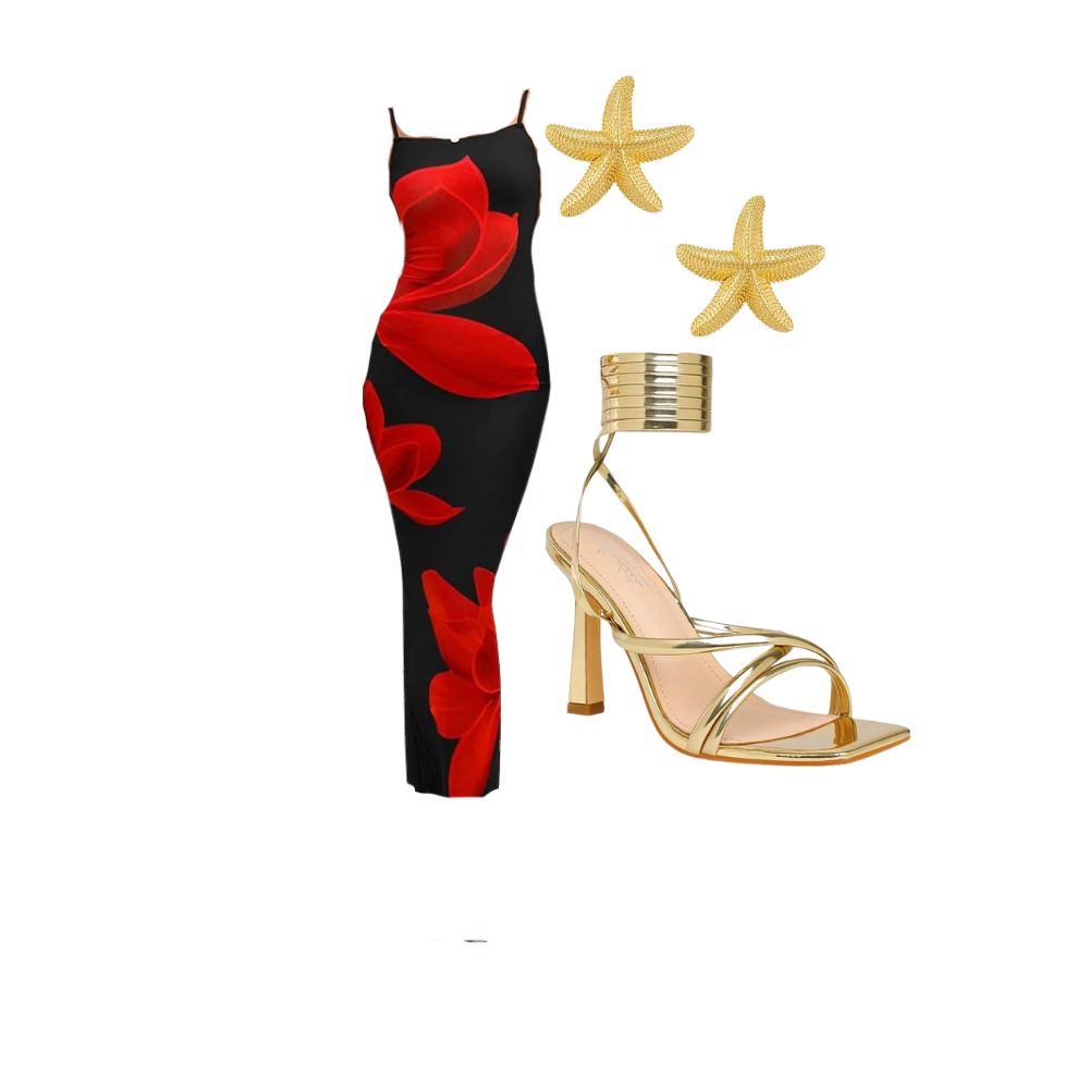 Red and black tropical print bodycon dress with gold starfish earrings and gold strappy heels.