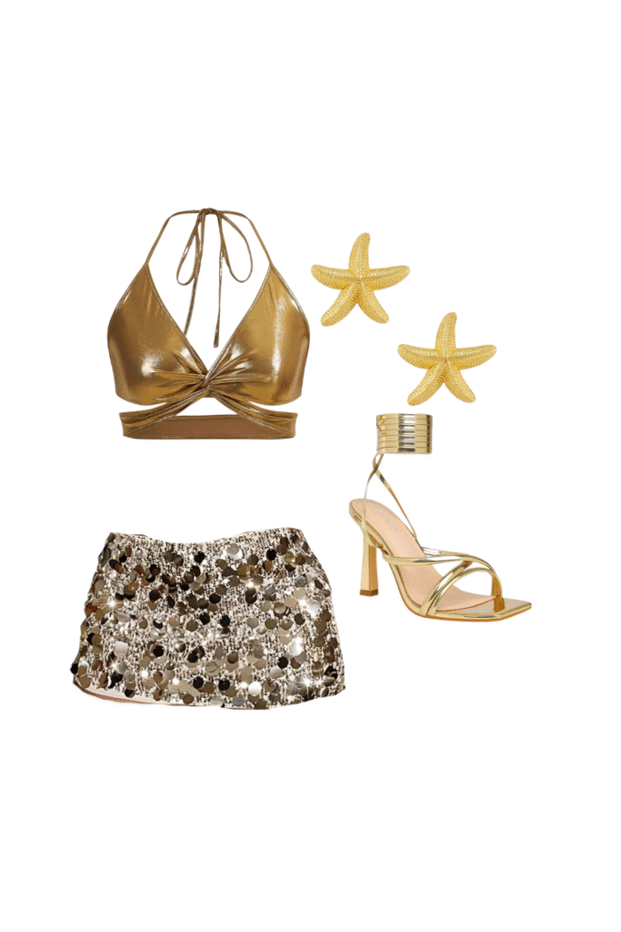 Shiny gold halter top and gold sequin mini skirt paired with starfish earrings and gold heels.