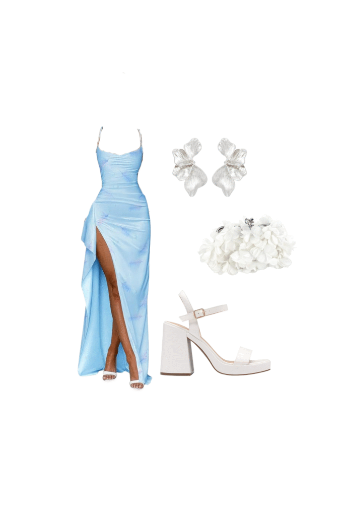 Soft blue satin dress with high slit styled with silver flower earrings, white heels, and a white floral clutch.