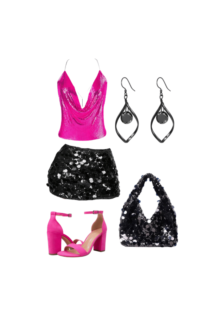 Hot pink sequin halter top with a black sequin mini skirt, silver drop earrings, pink heels, and a matching sequin purse.