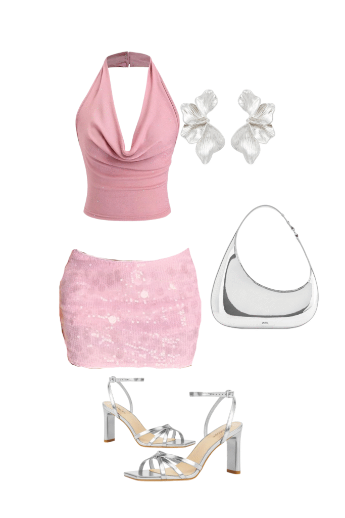 Baby pink halter top and sequin mini skirt styled with white purse and silver heels for a soft, girly Ibiza look