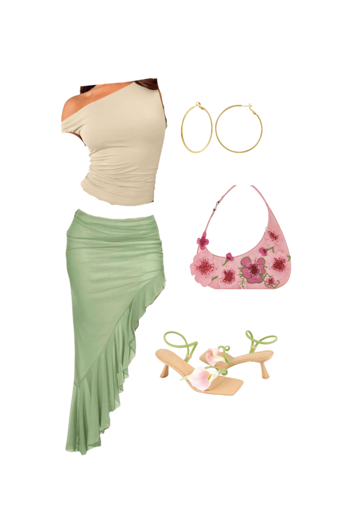 Beige one-shoulder top with a light green ruffle midi skirt, floral sandals, and a pink beaded bag.