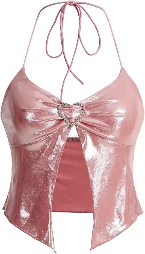 Pink metallic halter top with rhinestone heart, part of Y2K pink bling bling girl items from Amazon.