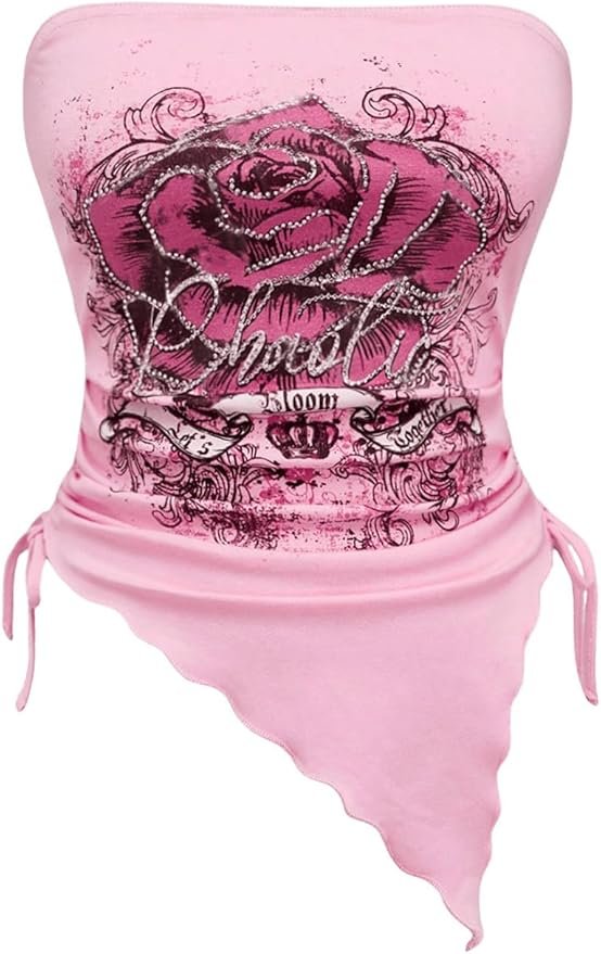 Light pink asymmetrical tube top with tattoo rose print, edgy Y2K pink bling bling girl top.