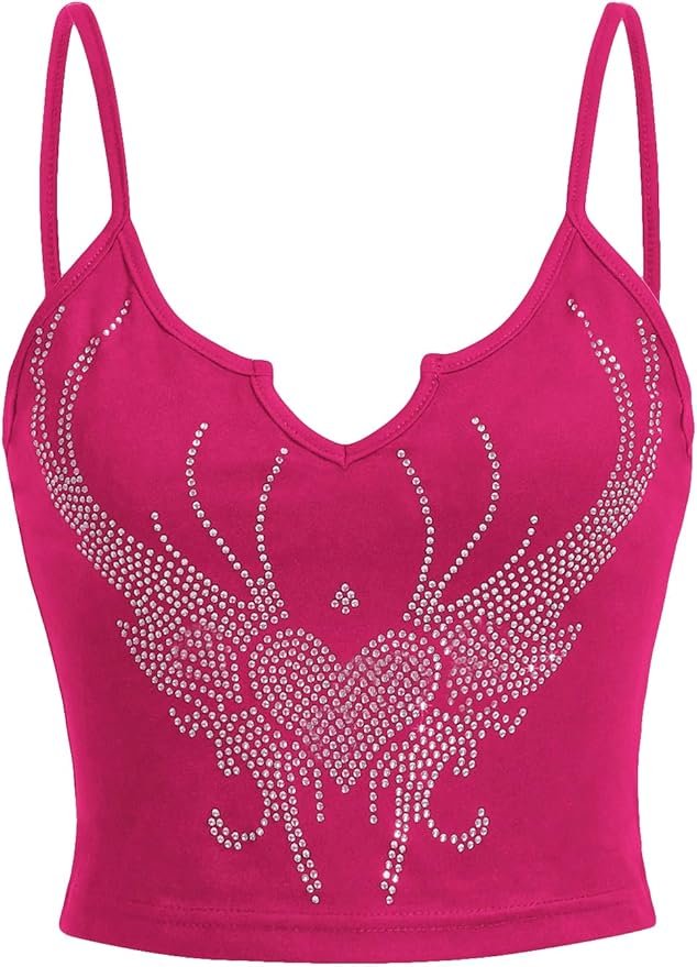 Hot pink cami tank top with rhinestone flame design, one of the boldest Y2K pink bling bling girl items.