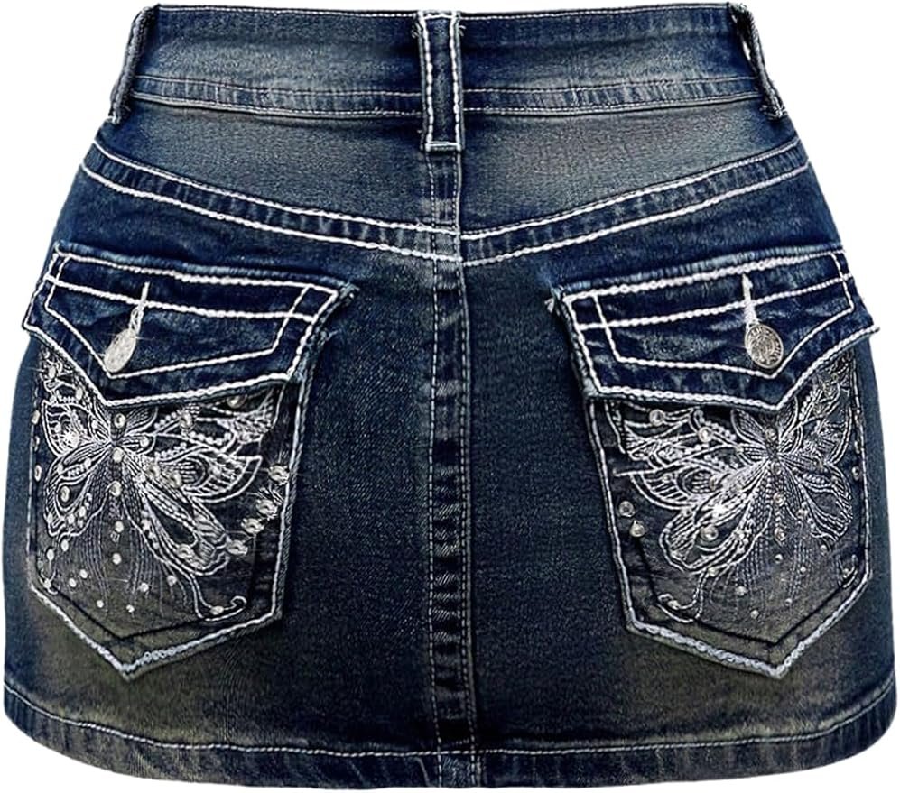 Dark denim mini skirt with rhinestone-embellished pockets, essential Y2K pink bling bling girl clothing.