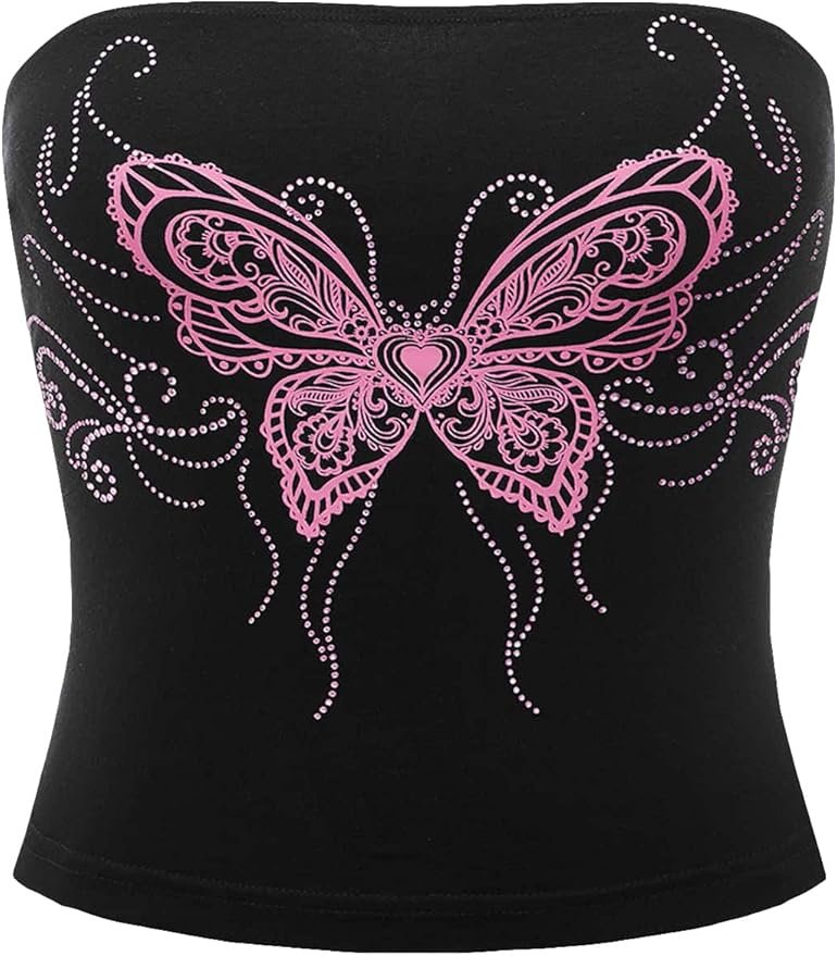 Black tube top with pink rhinestone butterfly design, a standout Y2K pink bling bling girl item.