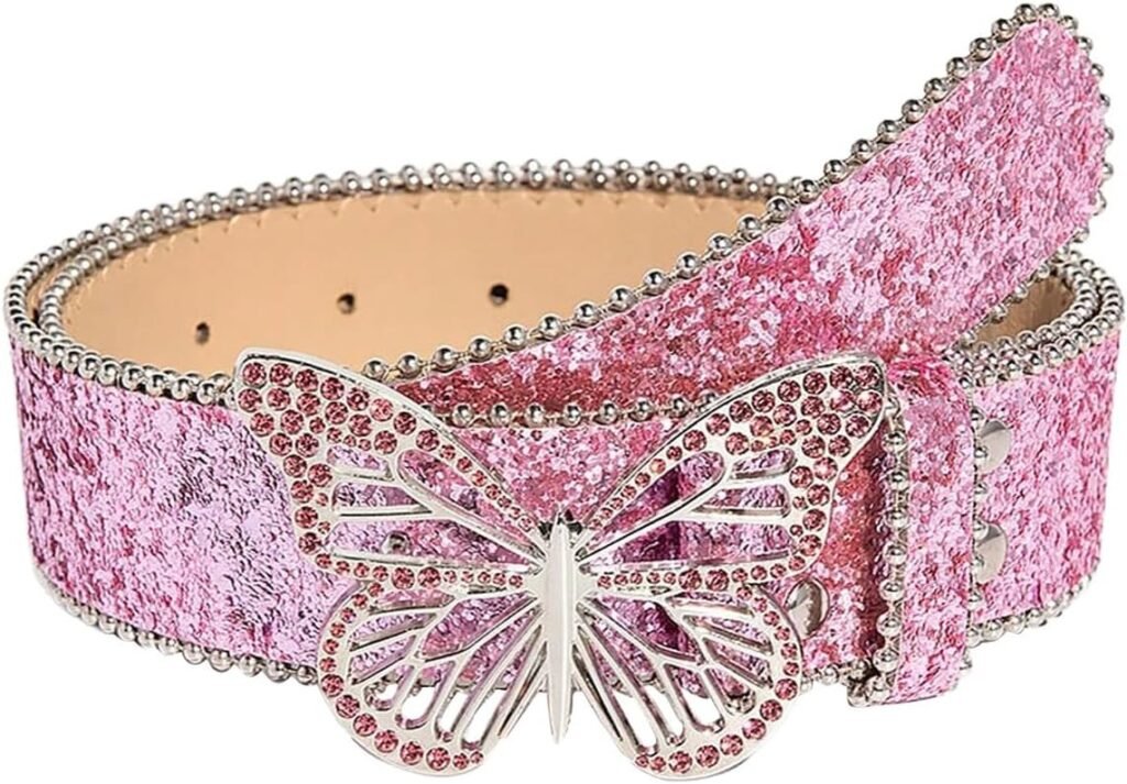 Pink glitter belt with butterfly buckle, sparkly Y2K pink bling bling girl fashion accessory.