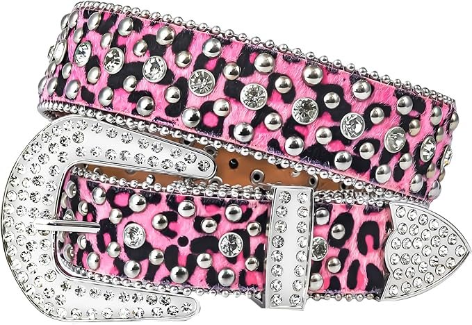 Pink leopard print belt with silver studs and rhinestones, perfect Y2K pink bling bling girl accessory.