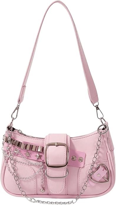 Light pink shoulder bag with chain strap and heart charm, classic Y2K pink bling bling girl purse.