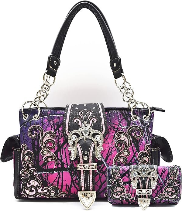 Black and pink western-style handbag with rhinestones and buckle details, iconic Y2K pink bling bling girl bag.
