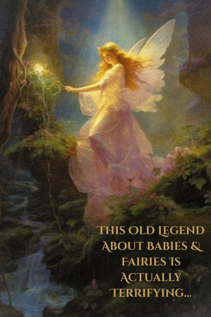 A magical illustration of a pale, otherworldly Fairy in a moonlit forest—capturing the unsettling mystery of changeling myths.