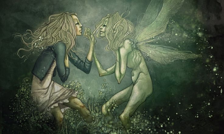 A dreamy, fairy-tale inspired girl stands in a misty forest wearing a flowing white gown and floral crown, evoking the eerie beauty of changeling folklore.