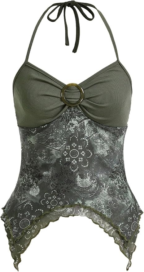 Olive green halter top with lace and bandana hem design.