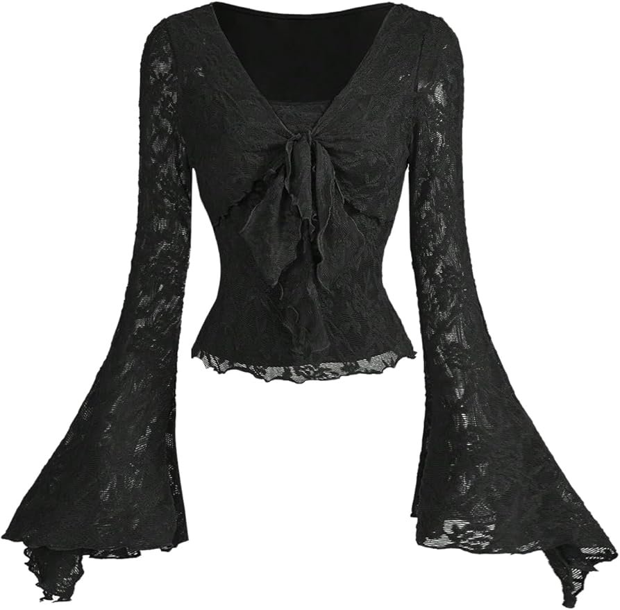 Black lace top with flared sleeves and tie-front detail.