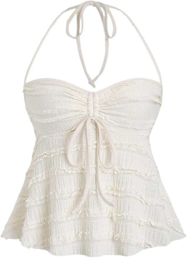 Alt text: White halter top with tie straps and layered ruffles.