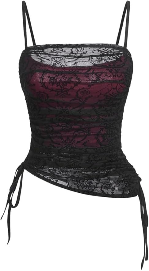 Black and burgundy lace tank top with adjustable straps.