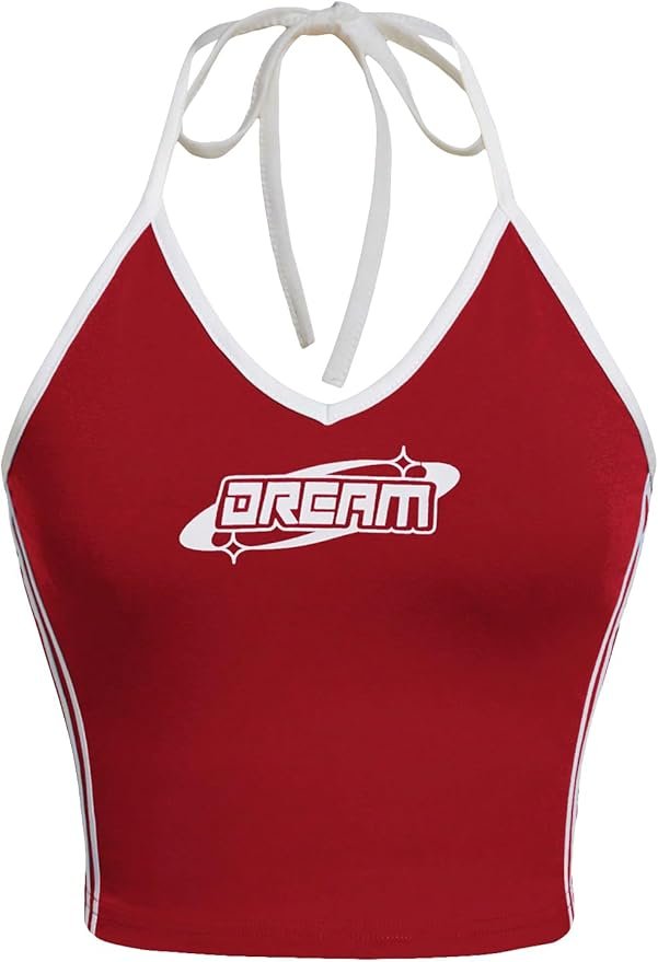 Red halter top with white trim and “Dream” text in graphic font.