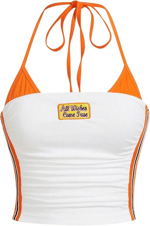 White crop top with orange halter straps and sporty patch design.