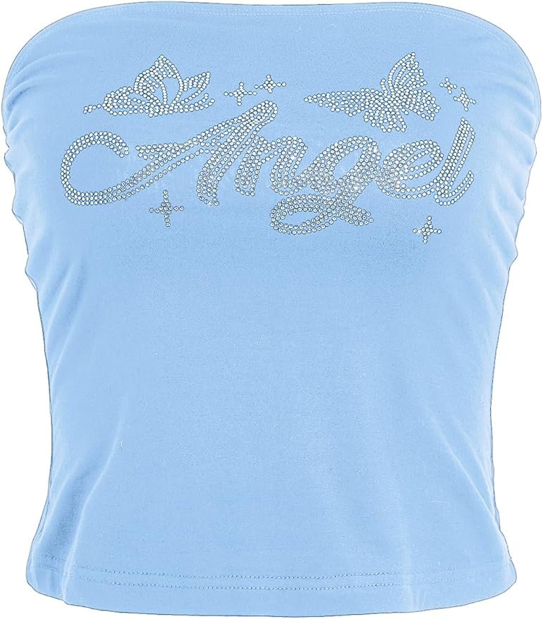Light blue tube top with silver glitter text that says “Angel”.