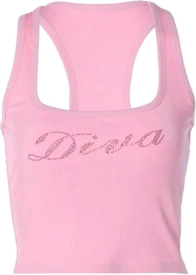 Alt text: Light pink ribbed baby tank top with “Diva” text in rhinestones.