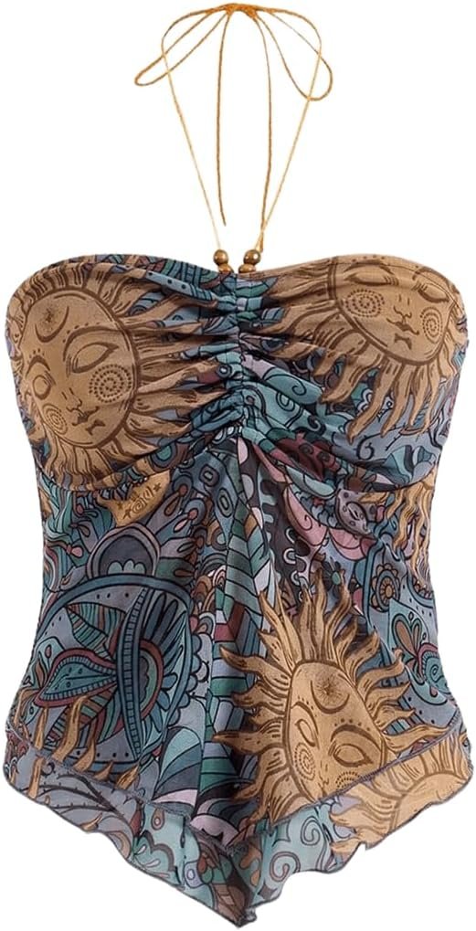 Alt text: Sheer halter top with sun and moon celestial print and ruched front.